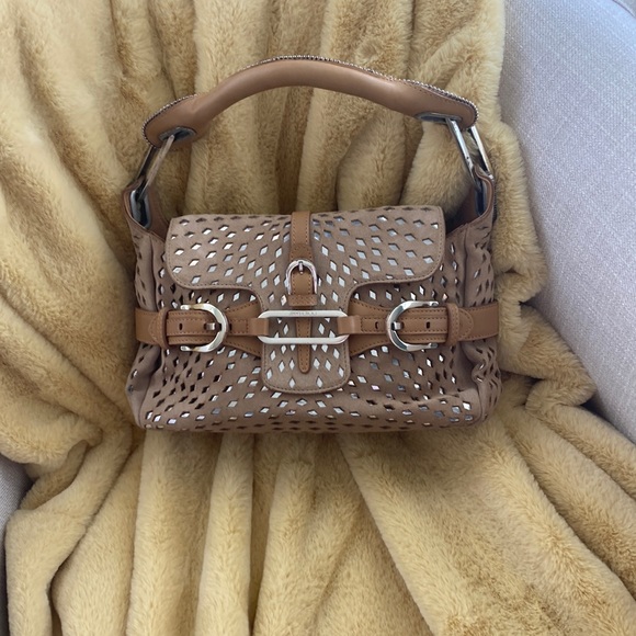 JIMMY CHOO TAN SUEDE & SILVER METALLIC HOBO PURSE like new ! GORGEOUS - Picture 1 of 11